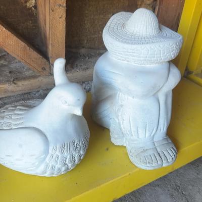 Two Cement Statues: Mexican Siesta And Quail