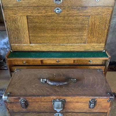 Three Antique/Vintage Wooden Cases with Green Felt Lined Drawers