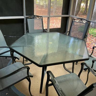 Outdoor Patio Set with Glass Table and Six Chairs