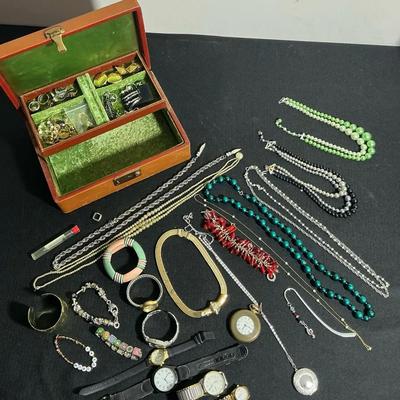 Vintage Jewelry Box with Assorted Costume Jewelry Collection