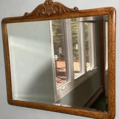 Vintage Oak Framed Wall Mirror with Decorative Top