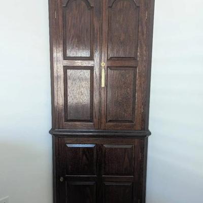 Reproduction Dark Aged Oak Corner Cupboard - Harrison Higgins, Inc. Richmond