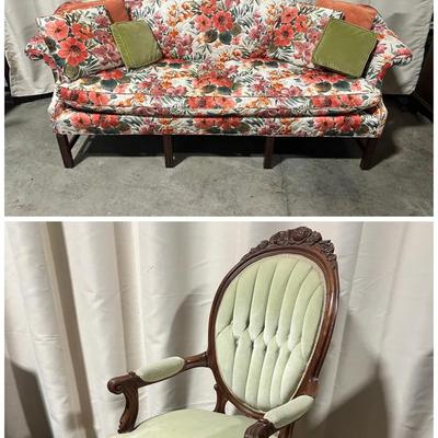 Chippendale Style Camel backed Floral Fabric Couch & Victorian Style Gentleman’s Chair