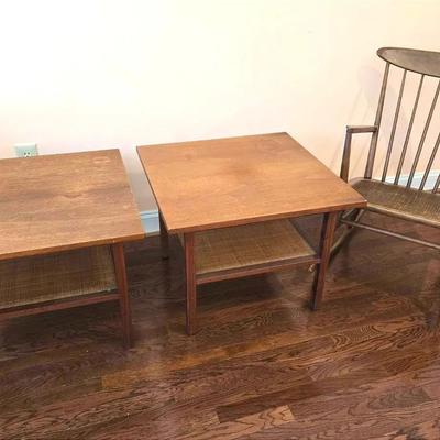 2 Vintage Wood & Rattan End Tables & Rocking Chair