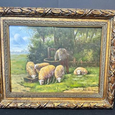“Sheep Herd” By Jules Dupre Signed Framed Oil On Canvas