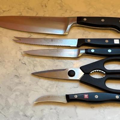 3 Wüsthof Knives, Kitchen Scissors, 1 Henckel Knife