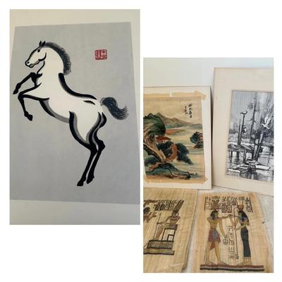 Group of Worldly Art Pieces: Egyptian Papyrus Art, Asian Prints & More