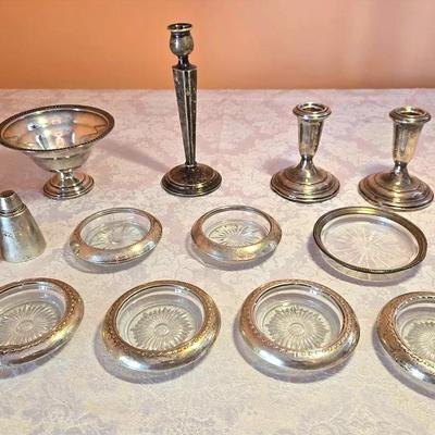 Weighted Sterling Silver Candle Holders, Coasters, Dish