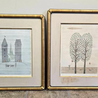 2 Signed French Lithograph Vintage Art