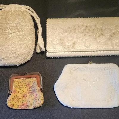 3 Pieces - Cream White Beaded Handbag, Wallet, And Vintage Change Purse
