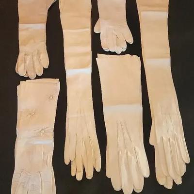 6 Pairs of Vintage Leather Gloves, Cream - Long & Short
