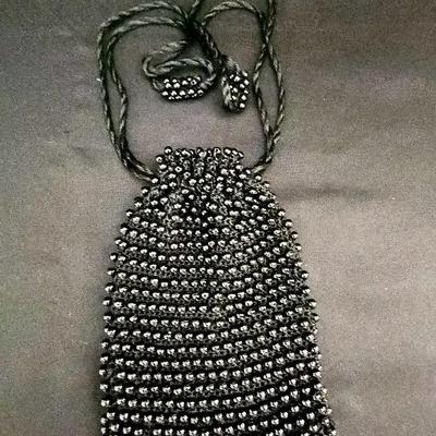Black Beaded Handbag, Small, Cinch Handle, Satin Lined