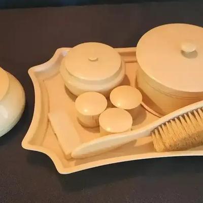 Matching Set of Vintage Celluloid Vanity And Hairbrush with All the Cosmetic Containers