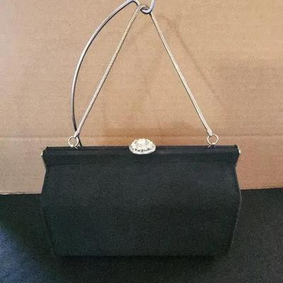 Vintage Black Evening Handbag, Large Rhinestone Clasp, Metal Chain Handle