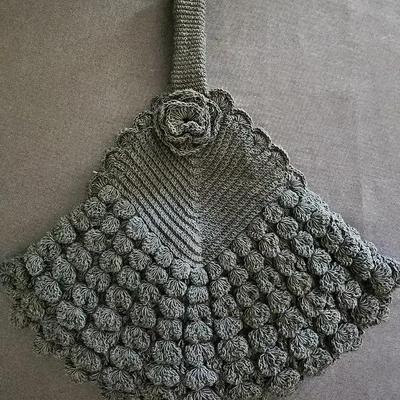 Pretty Black Crocheted Handbag with Flower, Unique Shape, Zipper Closure 