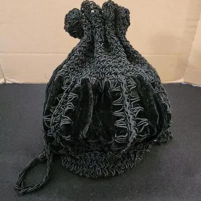 Round Velvet & Knit Bucket Handbag Purse, Small, Cinch Handle
