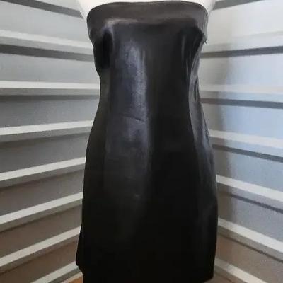 Isabel Faux Leather Front Black Strapless Dress, Size Large with Side Zipper