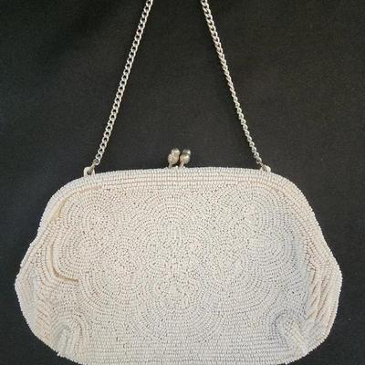 Cream Color Beaded Purse, Vintage, Satin Lining, Chain Handle, Metal Clasp 