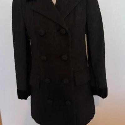 Lilli Ann Silk of Italy Double Breasted Black Coat with Velvet Collar & Cuffs