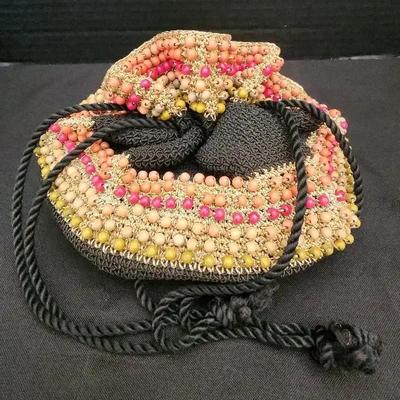 Unique Beaded And Woven Cream & Orange Bucket Crochet Handbag, Cinch Closure & Black Handle