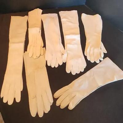 7 Pairs of Vintage Gloves, Cream And White Nylon & Leather, Long & Short