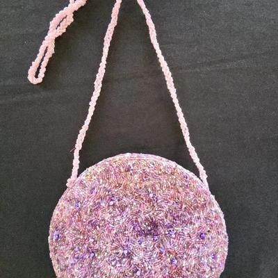 Beautiful Pink & Purple Beaded Bag, Round With Beaded Handle, Satin Lined