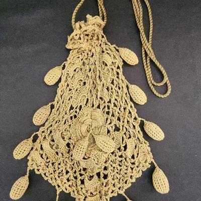 Unique Crocheted Handbag, Green-gold, Cinch Handle, Dangling Accents 