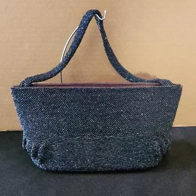 Gorgeous Blue Beaded Handbag, Brown Lining, Hinge Tension Closure 