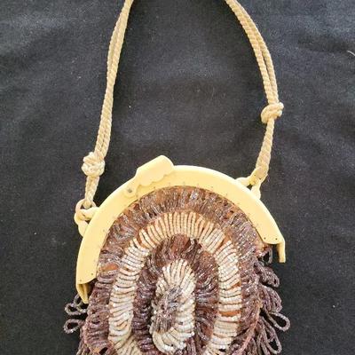Cute Delicate Vintage Flapper Beaded Bag With Plastic Clasp & Fringe