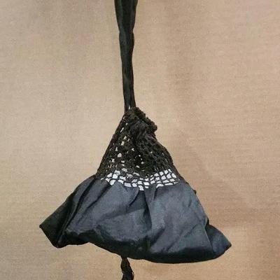 Vintage Small Black Triangle Shape Handbag, Crochet Top, Cinch Handle, Tassle Bottom 