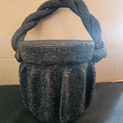 Fancy Black Beaded Bucket Evening Bag, Formed Bag & Lid
