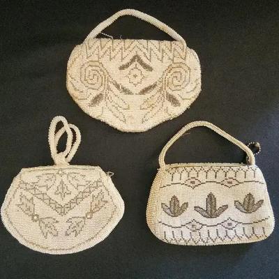 (3) Vintage Cream Colored Beaded Purses, Small, Patterned - Made in Czechoslovakia
