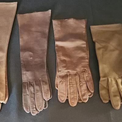 4 Pairs - Vintage Brown Leather Gloves, Van Raalte Gloves - Nylon