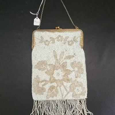 Vintage Micro-beaded Evening Handbag, White & Cream Color Beads, Floral Pattern, Beaded Fringe 
