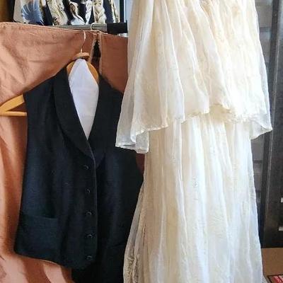 Antique Very Delicate White Cream Lace Wedding Gown & Men's Black Vest 
