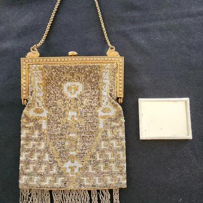 Vintage French Art Deco Beaded Bag With Fringe & Mirror - Push Button Clasp