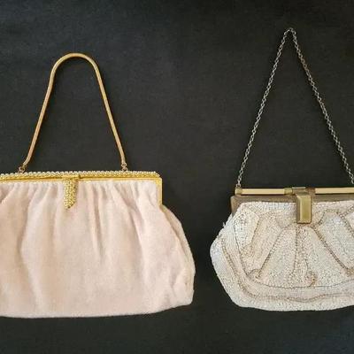 2 1930's French Beaded Purses, Kondazian Pink With Gold & Faux Pearls, Cream  Color Beads Patterned 