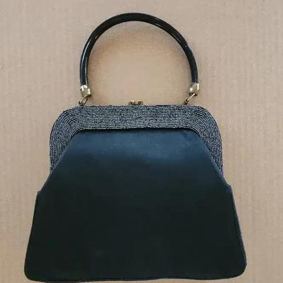 Vintage Garay Black Satin & Beaded Handbag, Plastic Handle