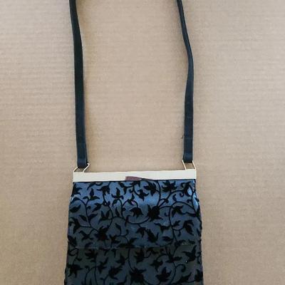 Black Velvet Patterned Evening Purse, Silver Magnetic Flap Closure 