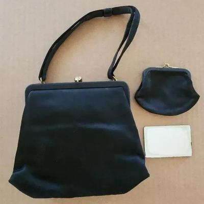 MM Faille Black Satin Handbag, Vintage, Rhinstone Closure, Mirror & Coin Purse