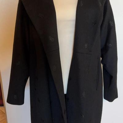 Black Wool Coat with Embroidered Floral & Large Shawl Collar 