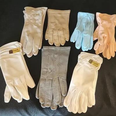 7 Pairs of Vintage Gloves Various Colors, Nylon And Leather - Blue, Peach & Cream