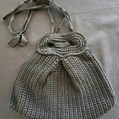 Pretty Knit Black Handbag, Cinch Handle, Black Lining 