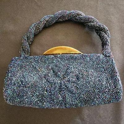 Gorgeous Vintage Blue Iridescent-beaded Handbag, Beaded Handle, Gold Metal Clasp