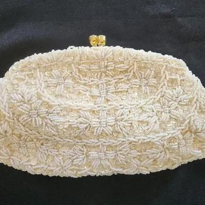 Mademoiselle Handmade Vintage Cream-colored Beaded Purse, Rhinestone & Gold Clasp, Hong Kong