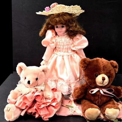 Porcelain Doll with Teddy Bears