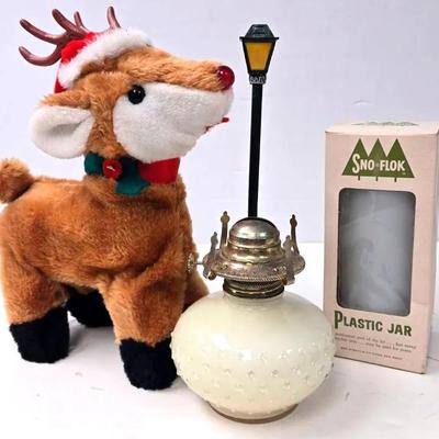 Glass Oil Lamp, Musical Plush Reindeer, and Decor