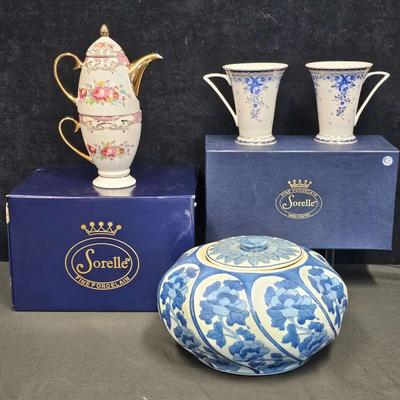 Sorelle Porcelain Teacup Set (1), Sorelle 'Tea-For-One' Set (1) + Porcelain Lidded Jar (1)