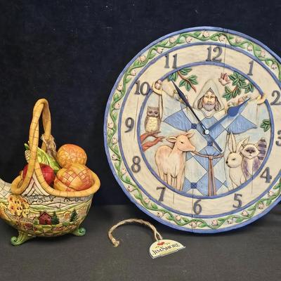 Jim Shore 'Basket Of Plenty' 6-PC Basket Set (1) & 'St. Francis' Wall Clock (1)