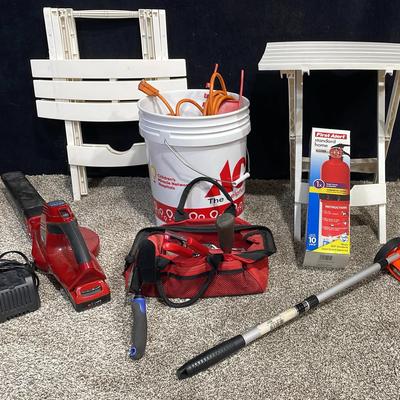 Toro Leaf blower (1) Plastic Folding Tables (2) Tool Bag Full Of Tools (1) & Accessories (5)